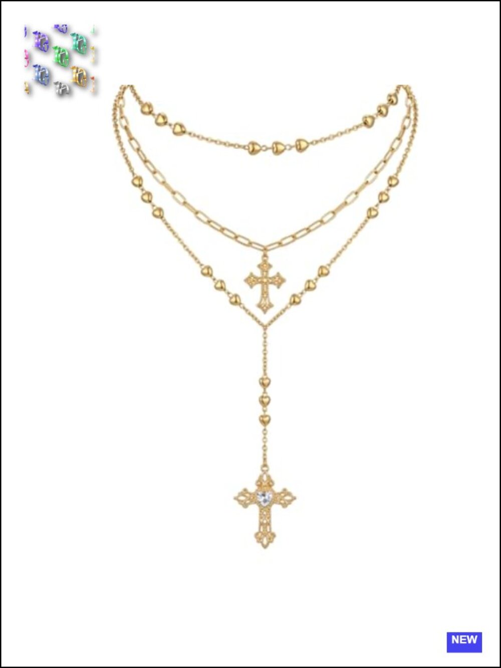 3Pc Gold-Tone Layered Cross Necklace Set with Rhinestones Adjustable Daily Wear